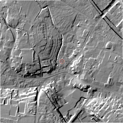 Shaded relief map of the ground around BA128SD, computed from Environment Agency LiDAR. The ground here sits at about 112 m above sea level and falls 17 m across the surrounding 800 m. Surface water reaching this point runs off ground lying to the south-south-west, 15.9 m higher.