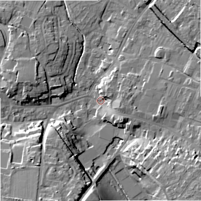 Shaded relief map of the ground around BA129AF, computed from Environment Agency LiDAR. The ground here sits at about 112 m above sea level and falls 20 m across the surrounding 800 m. Surface water reaching this point runs off ground lying to the south-south-west, 17.6 m higher.