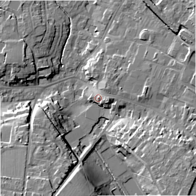 Shaded relief map of the ground around BA129AG, computed from Environment Agency LiDAR. The ground here sits at about 116 m above sea level and falls 21 m across the surrounding 800 m. Surface water reaching this point runs off ground lying to the east-south-east, 3.7 m higher.