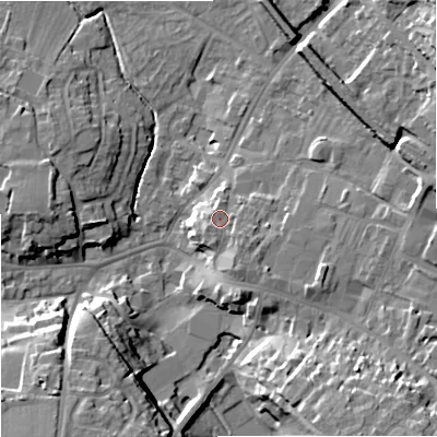 Shaded relief map of the ground around BA129AL, computed from Environment Agency LiDAR. The ground here sits at about 117 m above sea level and falls 19 m across the surrounding 800 m. Surface water reaching this point runs off ground lying to the south-west, 1.0 m higher.