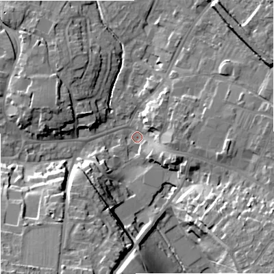Shaded relief map of the ground around BA129AQ, computed from Environment Agency LiDAR. The ground here sits at about 111 m above sea level and falls 20 m across the surrounding 800 m. Surface water reaching this point runs off ground lying to the south-south-west, 17.9 m higher.