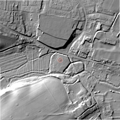 Shaded relief map of the ground around BA129FN, computed from Environment Agency LiDAR. The ground here sits at about 105 m above sea level and falls 21 m across the surrounding 800 m. The ground contributing surface water to this point lies to the east-south-east.