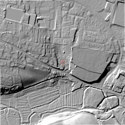 Shaded relief map of the ground around BA129GA, computed from Environment Agency LiDAR. The ground here sits at about 110 m above sea level and falls 20 m across the surrounding 800 m. Surface water reaching this point runs off ground lying to the west-north-west, 10.6 m higher.