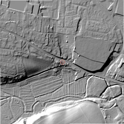 Shaded relief map of the ground around BA129HB, computed from Environment Agency LiDAR. The ground here sits at about 109 m above sea level and falls 20 m across the surrounding 800 m. Surface water reaching this point runs off ground lying to the west-north-west, 14.4 m higher.
