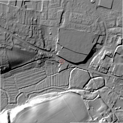 Shaded relief map of the ground around BA129HD, computed from Environment Agency LiDAR. The ground here sits at about 106 m above sea level and falls 21 m across the surrounding 800 m. Surface water reaching this point runs off ground lying to the north-west, 15.4 m higher.