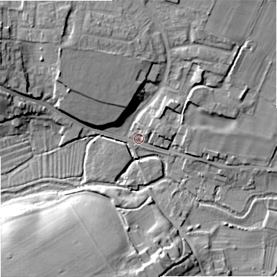 Shaded relief map of the ground around BA129HE, computed from Environment Agency LiDAR. The ground here sits at about 104 m above sea level and falls 19 m across the surrounding 800 m. Surface water reaching this point runs off ground lying to the west-north-west, 12.9 m higher.