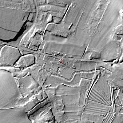 Shaded relief map of the ground around BA129HG, computed from Environment Agency LiDAR. The ground here sits at about 105 m above sea level and falls 26 m across the surrounding 800 m. Surface water reaching this point runs off ground lying to the north-north-west, 2.3 m higher.