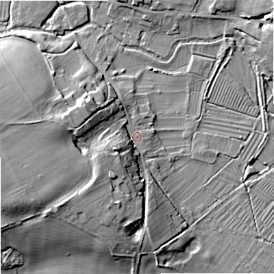 Shaded relief map of the ground around BA129HN, computed from Environment Agency LiDAR. The ground here sits at about 105 m above sea level and falls 21 m across the surrounding 800 m. Surface water reaching this point runs off ground lying to the west-south-west, 16.5 m higher.