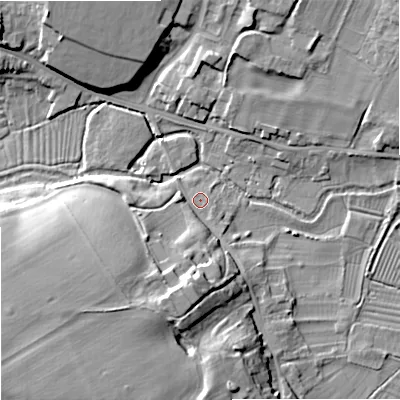 Shaded relief map of the ground around BA129HQ, computed from Environment Agency LiDAR. The ground here sits at about 104 m above sea level and falls 23 m across the surrounding 800 m. Surface water reaching this point runs off ground lying to the south-west, 13.7 m higher.