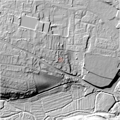 Shaded relief map of the ground around BA129HR, computed from Environment Agency LiDAR. The ground here sits at about 115 m above sea level and falls 21 m across the surrounding 800 m. Surface water reaching this point runs off ground lying to the west-north-west, 3.4 m higher.