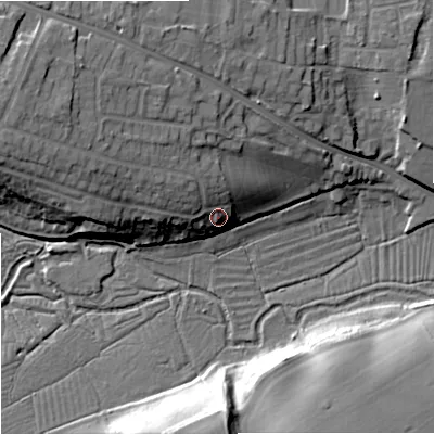 Shaded relief map of the ground around BA129LQ, computed from Environment Agency LiDAR. The ground here sits at about 114 m above sea level and falls 22 m across the surrounding 800 m. Surface water reaching this point runs off ground lying to the north-north-west, 6.7 m higher.