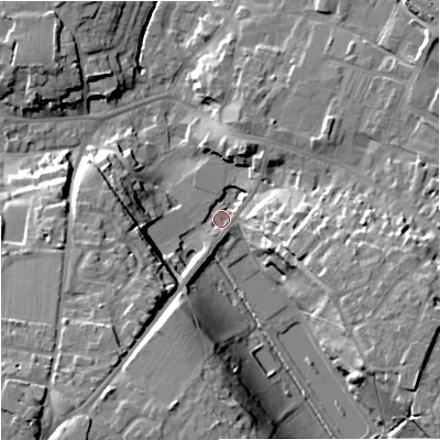 Shaded relief map of the ground around BA129NH, computed from Environment Agency LiDAR. The ground here sits at about 112 m above sea level and falls 24 m across the surrounding 800 m. Surface water reaching this point runs off ground lying to the south-east, 16.2 m higher.