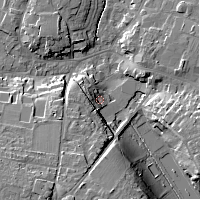 Shaded relief map of the ground around BA129NJ, computed from Environment Agency LiDAR. The ground here sits at about 114 m above sea level and falls 24 m across the surrounding 800 m. Surface water reaching this point runs off ground lying to the south-west, 13.8 m higher.