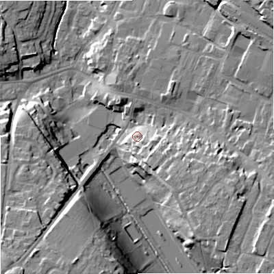 Shaded relief map of the ground around BA129NP, computed from Environment Agency LiDAR. The ground here sits at about 118 m above sea level and falls 23 m across the surrounding 800 m. Surface water reaching this point runs off ground lying to the south-east, 5.7 m higher.
