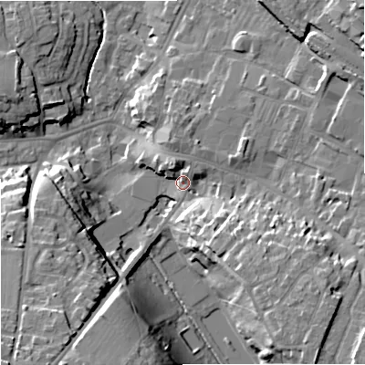 Shaded relief map of the ground around BA129NR, computed from Environment Agency LiDAR. The ground here sits at about 115 m above sea level and falls 22 m across the surrounding 800 m. Surface water reaching this point runs off ground lying to the north-north-west, 5.5 m higher.