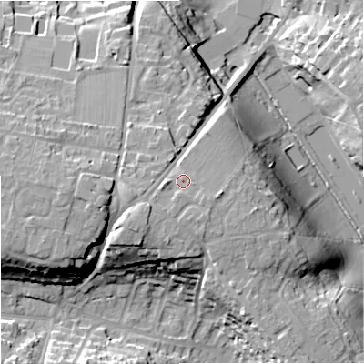 Shaded relief map of the ground around BA129NS, computed from Environment Agency LiDAR. The ground here sits at about 130 m above sea level and falls 25 m across the surrounding 800 m. Surface water reaching this point runs off ground lying to the south-west, 3.0 m higher.
