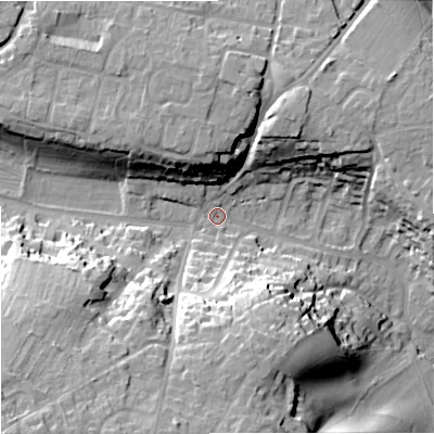 Shaded relief map of the ground around BA129NX, computed from Environment Agency LiDAR. The ground here sits at about 117 m above sea level and falls 34 m across the surrounding 800 m. Surface water reaching this point runs off ground lying to the south-west, 28.8 m higher.