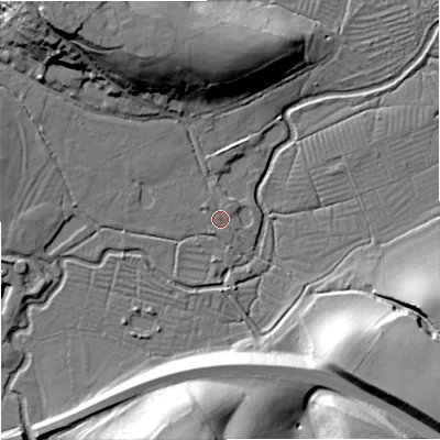 Shaded relief map of the ground around BA129PA, computed from Environment Agency LiDAR. The ground here sits at about 107 m above sea level and falls 33 m across the surrounding 800 m. Surface water reaching this point runs off ground lying to the north-west, 1.3 m higher.