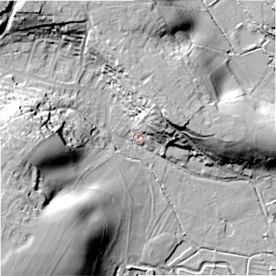 Shaded relief map of the ground around BA129PB, computed from Environment Agency LiDAR. The ground here sits at about 112 m above sea level and falls 36 m across the surrounding 800 m. Surface water reaching this point runs off ground lying to the west-south-west, 27.9 m higher.