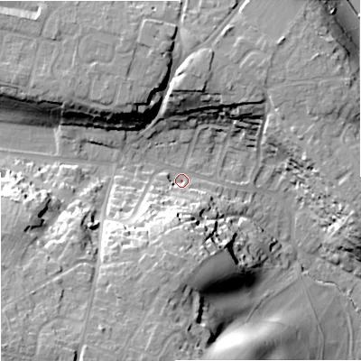 Shaded relief map of the ground around BA129PE, computed from Environment Agency LiDAR. The ground here sits at about 116 m above sea level and falls 34 m across the surrounding 800 m. Surface water reaching this point runs off ground lying to the south-west, 28.2 m higher.