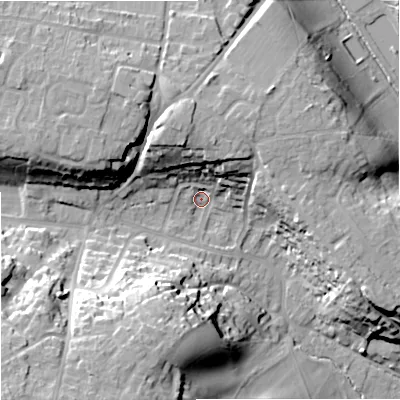 Shaded relief map of the ground around BA129PF, computed from Environment Agency LiDAR. The ground here sits at about 115 m above sea level and falls 33 m across the surrounding 800 m. Surface water reaching this point runs off ground lying to the south-west, 27.0 m higher.