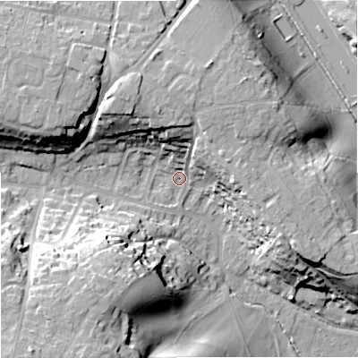Shaded relief map of the ground around BA129PR, computed from Environment Agency LiDAR. The ground here sits at about 115 m above sea level and falls 33 m across the surrounding 800 m. Surface water reaching this point runs off ground lying to the north-north-west, 16.6 m higher.