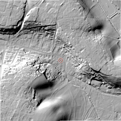 Shaded relief map of the ground around BA129PU, computed from Environment Agency LiDAR. The ground here sits at about 113 m above sea level and falls 35 m across the surrounding 800 m. Surface water reaching this point runs off ground lying to the west-south-west, 26.0 m higher.