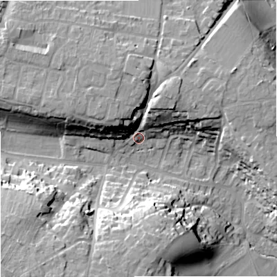 Shaded relief map of the ground around BA129QN, computed from Environment Agency LiDAR. The ground here sits at about 118 m above sea level and falls 33 m across the surrounding 800 m. Surface water reaching this point runs off ground lying to the north, 14.7 m higher.