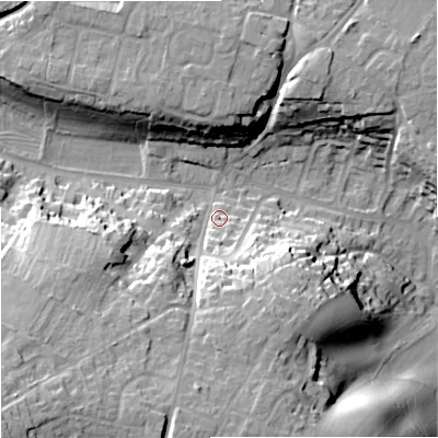 Shaded relief map of the ground around BA129QW, computed from Environment Agency LiDAR. The ground here sits at about 120 m above sea level and falls 36 m across the surrounding 800 m. Surface water reaching this point runs off ground lying to the south-west, 27.1 m higher.