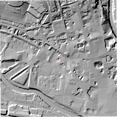 Shaded relief map of the ground around BA12AA, computed from Environment Agency LiDAR. The ground here sits at about 20 m above sea level and falls 29 m across the surrounding 800 m. Surface water reaching this point runs off ground lying to the north-east, 7.8 m higher.
