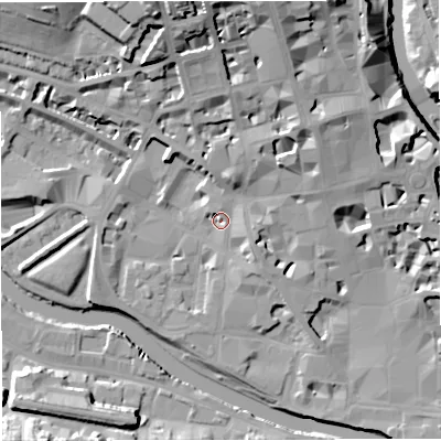 Shaded relief map of the ground around BA12AB, computed from Environment Agency LiDAR. The ground here sits at about 20 m above sea level and falls 26 m across the surrounding 800 m. Surface water reaching this point runs off ground lying to the north-north-east, 9.5 m higher.