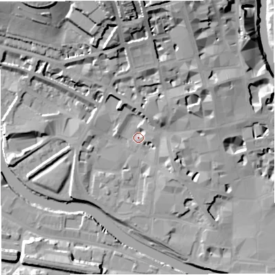 Shaded relief map of the ground around BA12AF, computed from Environment Agency LiDAR. The ground here sits at about 20 m above sea level and falls 27 m across the surrounding 800 m. Surface water reaching this point runs off ground lying to the north-east, 7.8 m higher.