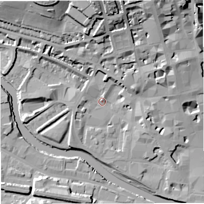 Shaded relief map of the ground around BA12AG, computed from Environment Agency LiDAR. The ground here sits at about 19 m above sea level and falls 27 m across the surrounding 800 m. Surface water reaching this point runs off ground lying to the north-north-east, 6.0 m higher.