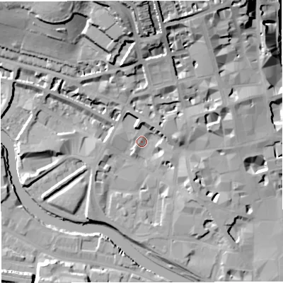 Shaded relief map of the ground around BA12AQ, computed from Environment Agency LiDAR. The ground here sits at about 20 m above sea level and falls 30 m across the surrounding 800 m. Surface water reaching this point runs off ground lying to the north-east, 7.6 m higher.