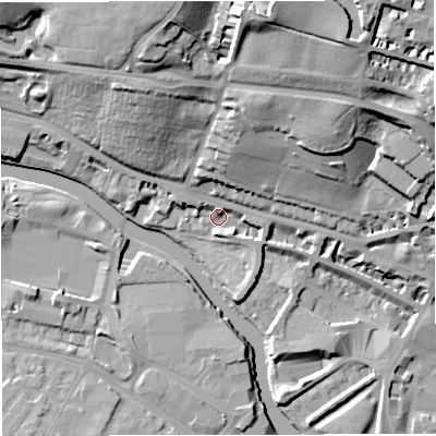 Shaded relief map of the ground around BA12AW, computed from Environment Agency LiDAR. The ground here sits at about 19 m above sea level and falls 37 m across the surrounding 800 m. Surface water reaching this point runs off ground lying to the north-east, 33.7 m higher.