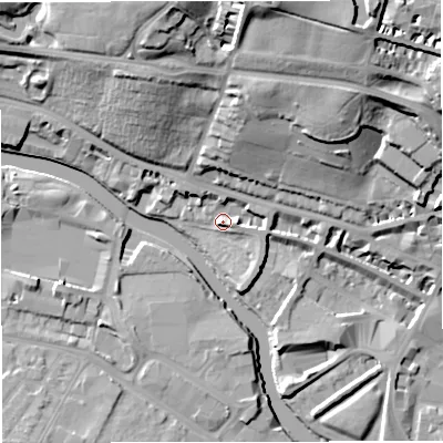 Shaded relief map of the ground around BA12BA, computed from Environment Agency LiDAR. The ground here sits at about 21 m above sea level and falls 37 m across the surrounding 800 m. Surface water reaching this point runs off ground lying to the east, 3.8 m higher.