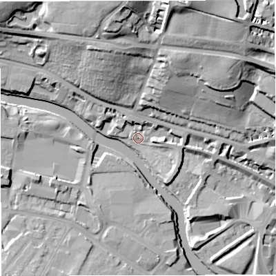 Shaded relief map of the ground around BA12BD, computed from Environment Agency LiDAR. The ground here sits at about 19 m above sea level and falls 38 m across the surrounding 800 m. Surface water reaching this point runs off ground lying to the north-east, 33.8 m higher.