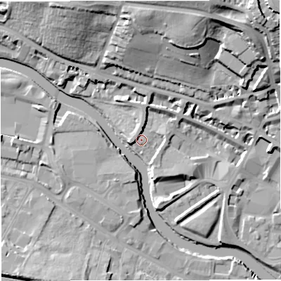 Shaded relief map of the ground around BA12BE, computed from Environment Agency LiDAR. The ground here sits at about 19 m above sea level and falls 33 m across the surrounding 800 m. Surface water reaching this point runs off ground lying to the north-north-west, 3.3 m higher.