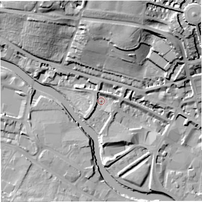 Shaded relief map of the ground around BA12BG, computed from Environment Agency LiDAR. The ground here sits at about 19 m above sea level and falls 35 m across the surrounding 800 m. Surface water reaching this point runs off ground lying to the east-north-east, 5.3 m higher.