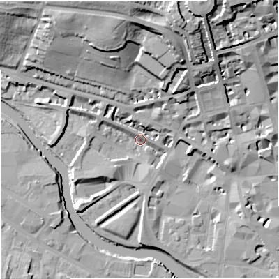 Shaded relief map of the ground around BA12BL, computed from Environment Agency LiDAR. The ground here sits at about 20 m above sea level and falls 34 m across the surrounding 800 m. Surface water reaching this point runs off ground lying to the north-west, 5.9 m higher.