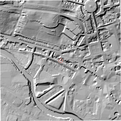 Shaded relief map of the ground around BA12BN, computed from Environment Agency LiDAR. The ground here sits at about 20 m above sea level and falls 34 m across the surrounding 800 m. Surface water reaching this point runs off ground lying to the north-west, 5.9 m higher.