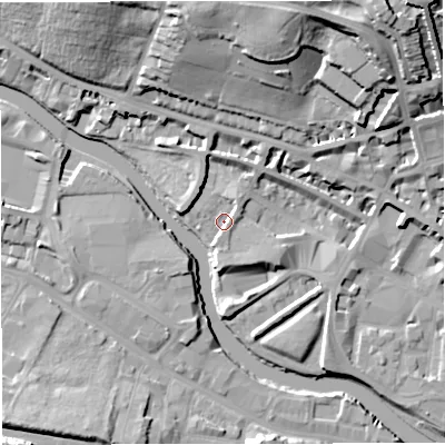 Shaded relief map of the ground around BA12BP, computed from Environment Agency LiDAR. The ground here sits at about 19 m above sea level and falls 33 m across the surrounding 800 m. Surface water reaching this point runs off ground lying to the north-east, 5.3 m higher.