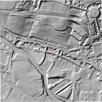 Shaded relief map of the ground around BA12BQ, computed from Environment Agency LiDAR. The ground here sits at about 20 m above sea level and falls 37 m across the surrounding 800 m. Surface water reaching this point runs off ground lying to the east, 4.1 m higher.