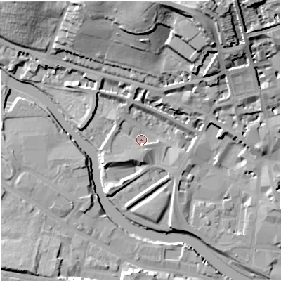 Shaded relief map of the ground around BA12BR, computed from Environment Agency LiDAR. The ground here sits at about 19 m above sea level and falls 33 m across the surrounding 800 m. Surface water reaching this point runs off ground lying to the south-south-east, 4.1 m higher.