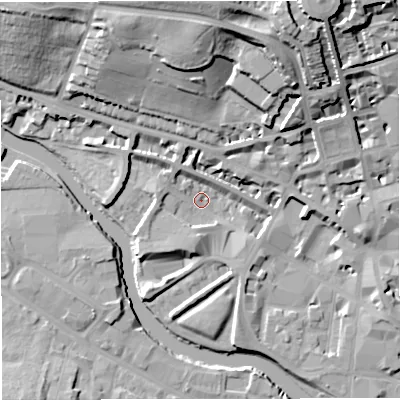 Shaded relief map of the ground around BA12BT, computed from Environment Agency LiDAR. The ground here sits at about 18 m above sea level and falls 33 m across the surrounding 800 m. Surface water reaching this point runs off ground lying to the south, 4.1 m higher.