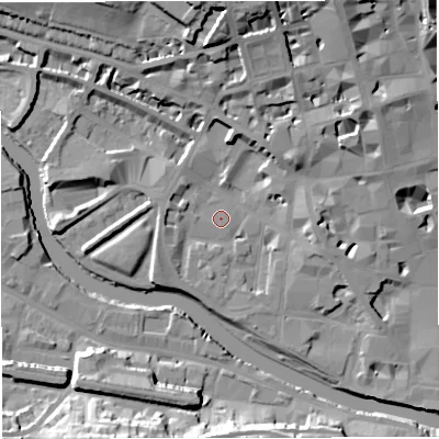 Shaded relief map of the ground around BA12BX, computed from Environment Agency LiDAR. The ground here sits at about 19 m above sea level and falls 22 m across the surrounding 800 m. Surface water reaching this point runs off ground lying to the west, 0.9 m higher.
