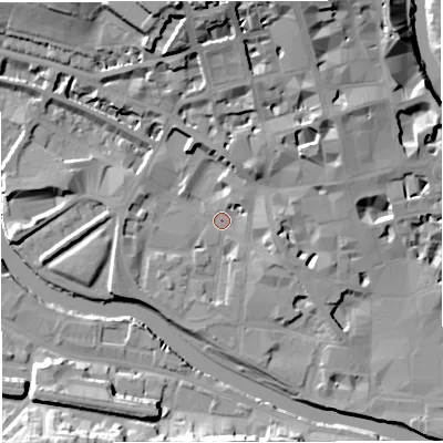 Shaded relief map of the ground around BA12DA, computed from Environment Agency LiDAR. The ground here sits at about 20 m above sea level and falls 24 m across the surrounding 800 m. Surface water reaching this point runs off ground lying to the north-north-east, 8.3 m higher.
