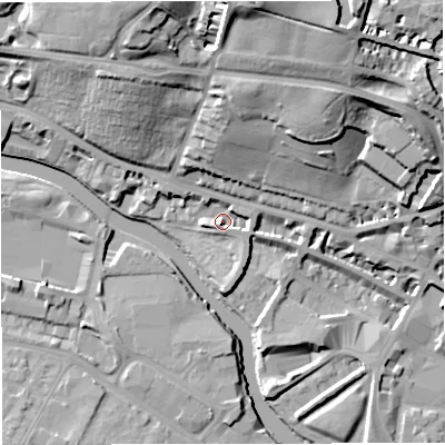 Shaded relief map of the ground around BA12SP, computed from Environment Agency LiDAR. The ground here sits at about 20 m above sea level and falls 37 m across the surrounding 800 m. Surface water reaching this point runs off ground lying to the east-north-east, 3.7 m higher.