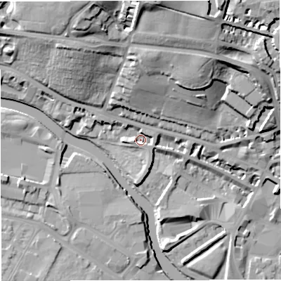 Shaded relief map of the ground around BA12TH, computed from Environment Agency LiDAR. The ground here sits at about 19 m above sea level and falls 37 m across the surrounding 800 m. Surface water reaching this point runs off ground lying to the east-north-east, 3.7 m higher.