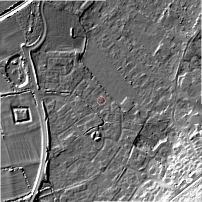 Shaded relief map of the ground around BA132GA, computed from Environment Agency LiDAR. The ground here sits at about 65 m above sea level and falls 22 m across the surrounding 800 m. Surface water reaching this point runs off ground lying to the east-south-east, 1.0 m higher.
